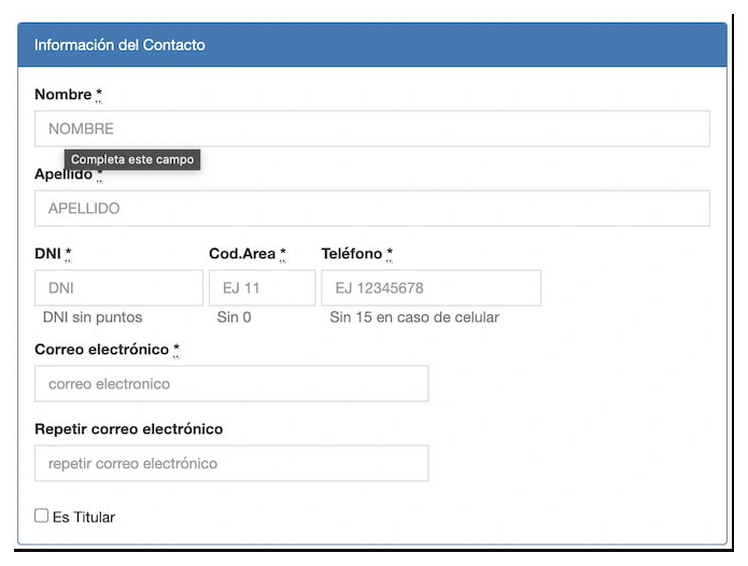 Paso 2 para sacar turno de la VTV en Cañuelas: información del contacto